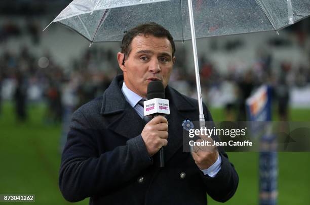 Raphael Ibanez of France Televisions comments the autumn international rugby match between France and New Zealand at Stade de France on November 11,...