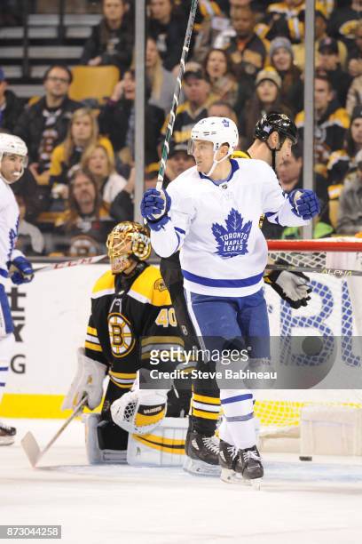 James van Riemsdyk of the Toronto Maple Leafs celebrates a goal in the first period against the Boston Bruins at the TD Garden on November 11, 2017...