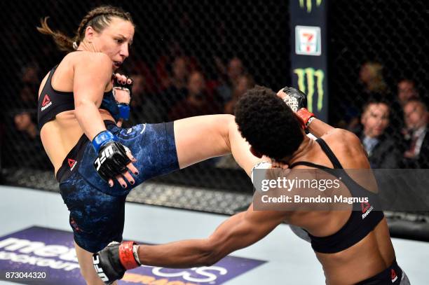 Nina Ansaroff kicks Angela Hill in their women's strawweight bout during the UFC Fight Night event inside the Ted Constant Convention Center on...