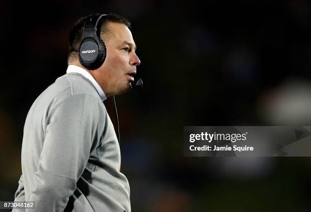 Head coach Butch Jones of the Tennessee Volunteers coaches from the sidelines during the game against the Missouri Tigers at Faurot Field/Memorial...