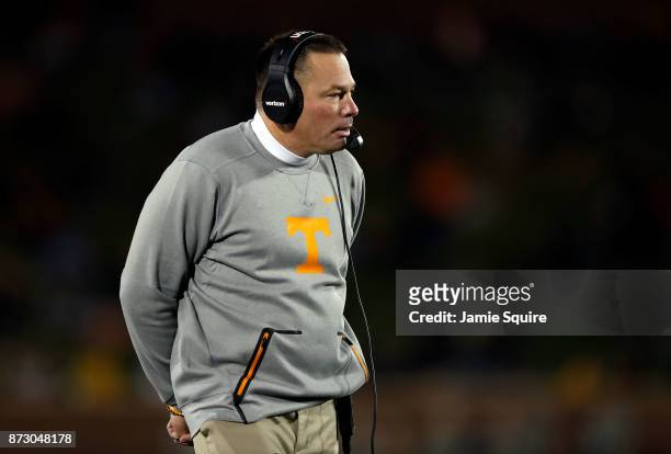 Head coach Butch Jones of the Tennessee Volunteers coaches from the sidelines during the game against the Missouri Tigers at Faurot Field/Memorial...