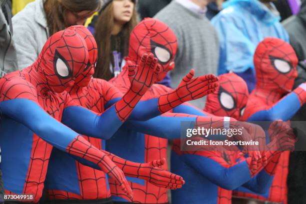 Students dress as Spiderman during a Big 12 game between the West Virginia Mountaineers and Kansas State Wildcats on November 11, 2017 at Bill Snyder...