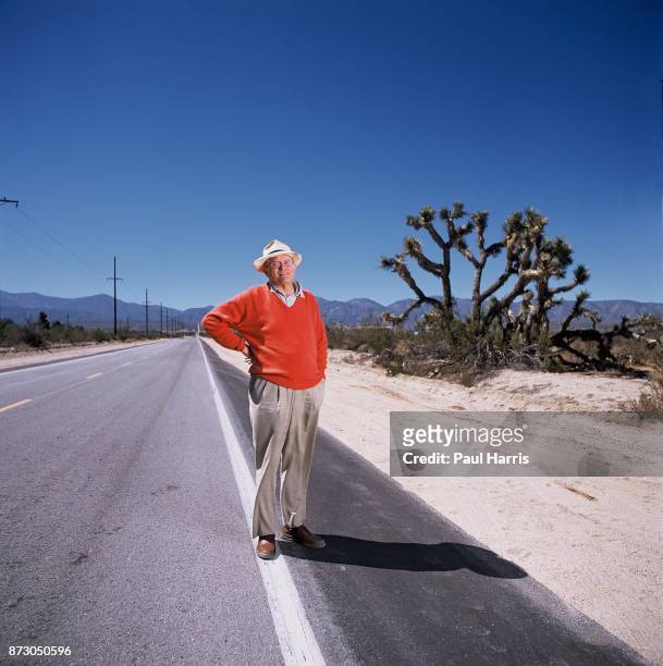 English artist David Hockney on Pear Blossom Highway , scene of one of Hockney's famous montages, during the taping of an upcoming television...