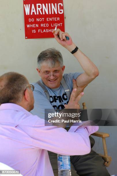 English artist David Hockney is interviewed by Ralf Hoppe of Der Spiegel on set during the taping of an upcoming television documentary for the BBC...