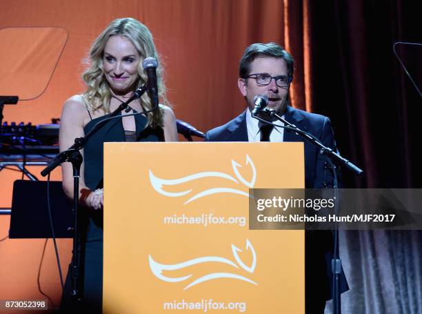 Tracy Pollan and Michael J. Fox present on stage at A Funny Thing Happened On The Way To Cure Parkinson's benefitting The Michael J. Fox Foundation...