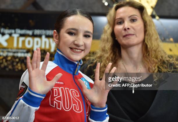 This picture taken on November 11, 2017 shows Polina Tsurskaya of Russia after her performance in the women's free skating event in the NHK Trophy...