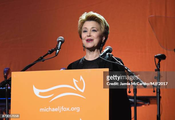 Jane Pauley presents on stage at A Funny Thing Happened On The Way To Cure Parkinson's benefitting The Michael J. Fox Foundation at the Hilton New...