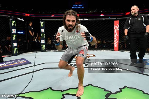 Clay Guida celebrates after defeating Joe Lauzon by TKO in their lightweight bout during the UFC Fight Night event inside the Ted Constant Convention...