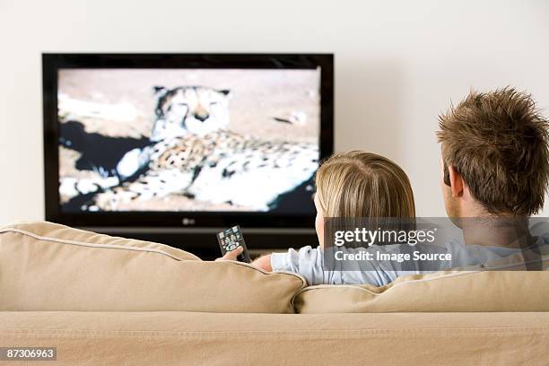 rear view of a couple watching tv - back of sofa stock pictures, royalty-free photos & images