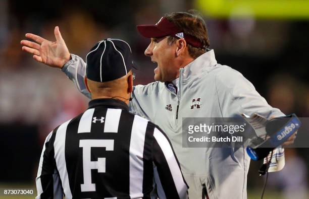 Head coach Dan Mullen of the Mississippi State Bulldogs reacts to a call during the second half of an NCAA football game against the Alabama Crimson...