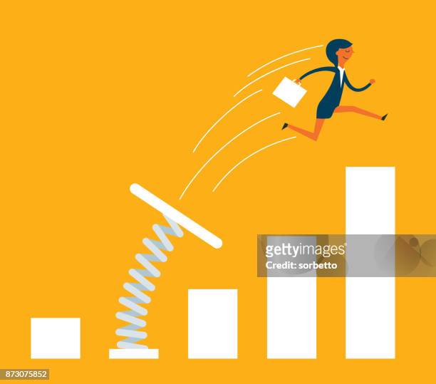 ilustraciones, imágenes clip art, dibujos animados e iconos de stock de empresaria de salto de trampolín - saltar actividad física