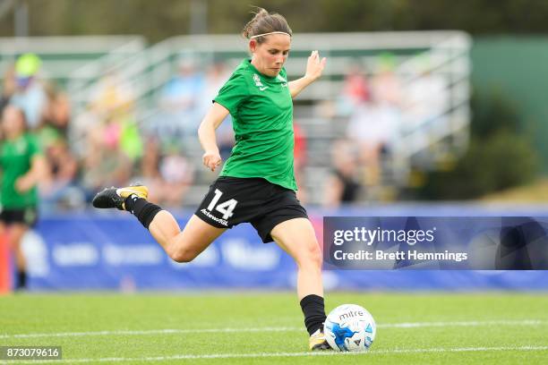 Ashleigh Sykes of Canberra warms up prior to the round three W-League match between Canberra United and Sydney FC at McKellar Park on November 12,...