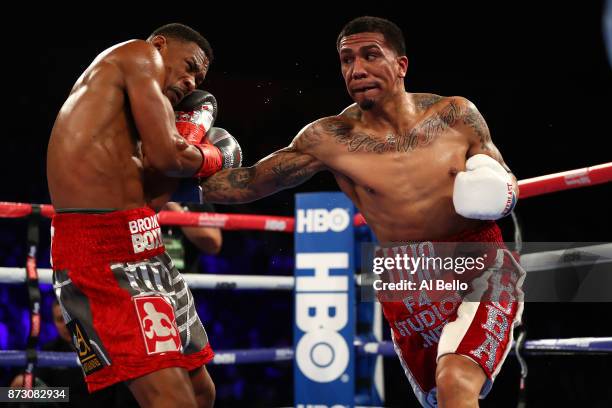 Luis Arias punches Daniel Jacobs during their Middleweight bout at Nassau Veterans Memorial Coliseum on November 11, 2017 in Uniondale, New York.