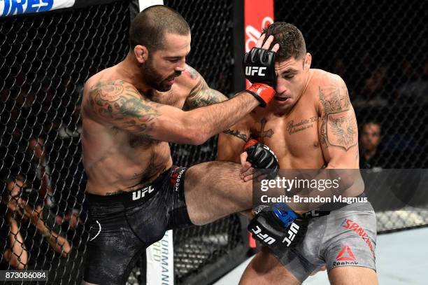 Matt Brown stops a takedown attempt from Diego Sanchez in their welterweight bout during the UFC Fight Night event inside the Ted Constant Convention...