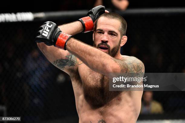 Matt Brown celebrates after defeating Diego Sanchez by KO in their welterweight bout during the UFC Fight Night event inside the Ted Constant...