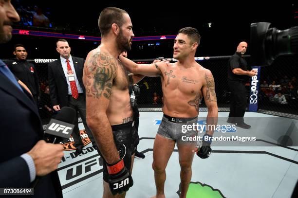 Matt Brown and Diego Sanchez embrace after facing each other in their welterweight bout during the UFC Fight Night event inside the Ted Constant...