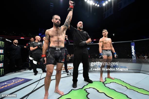 Matt Brown celebrates after defeating Diego Sanchez in their welterweight bout during the UFC Fight Night event inside the Ted Constant Convention...