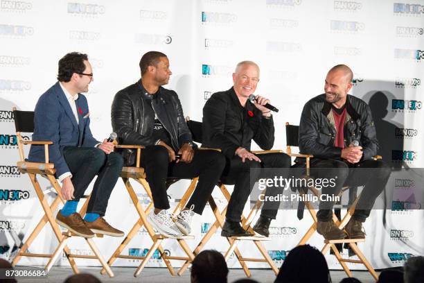 Moderator Thor Diakow talks with actors David Ramsey, Neal McDonough and Paul Blackthorne at 'The Arrow" Q&A for Fan Expo Vancouver in the Vancouver...