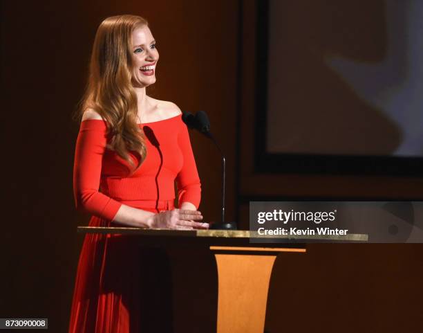 Jessica Chastain speaks onstage at the Academy of Motion Picture Arts and Sciences' 9th Annual Governors Awards at The Ray Dolby Ballroom at...