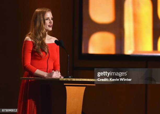 Jessica Chastain speaks onstage at the Academy of Motion Picture Arts and Sciences' 9th Annual Governors Awards at The Ray Dolby Ballroom at...