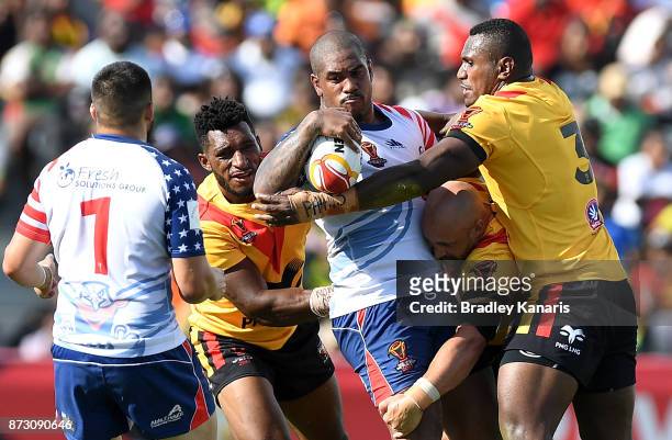 Eddy Pettybourne of the USA looks to pass during the 2017 Rugby League World Cup match between Papua New Guinea and the United States on November 12,...