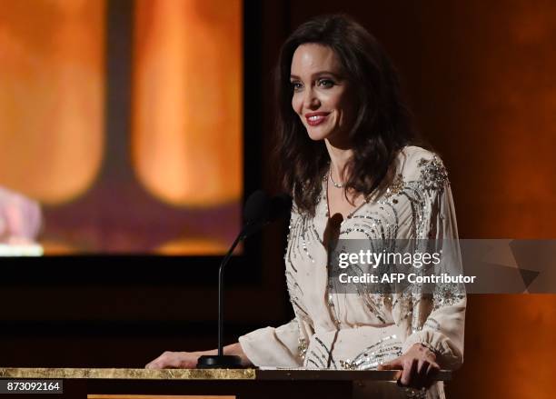 Actress Angelina Jolie speaks at the 9th Annual Governors Awards gala hosted by the Academy of Motion Picture Arts and Sciences at the Hollywood &...