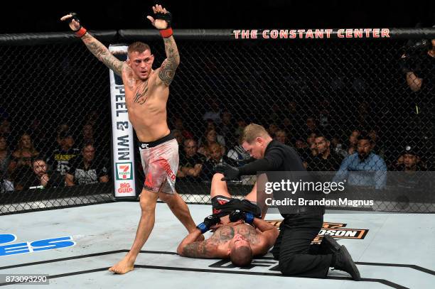 Dustin Poirier celebrates after defeating Anthony Pettis by TKO in their lightweight bout during the UFC Fight Night event inside the Ted Constant...