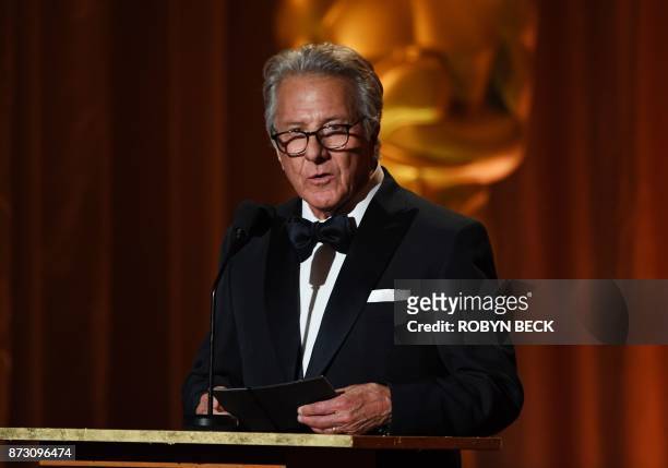 Actor Dustin Hoffman speaks at the 9th Annual Governors Awards gala hosted by the Academy of Motion Picture Arts and Sciences at the Hollywood &...
