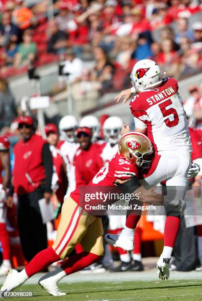 Brock Coyle of the San Francisco 49ers pressures Drew Stanton of the Arizona Cardinals during the game at Levi's Stadium on November 5, 2017 in Santa...