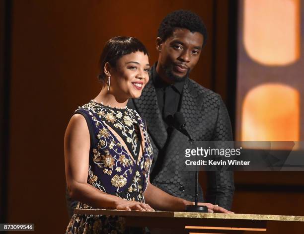 Tessa Thompson and Chadwick Boseman speak onstage at the Academy of Motion Picture Arts and Sciences' 9th Annual Governors Awards at The Ray Dolby...