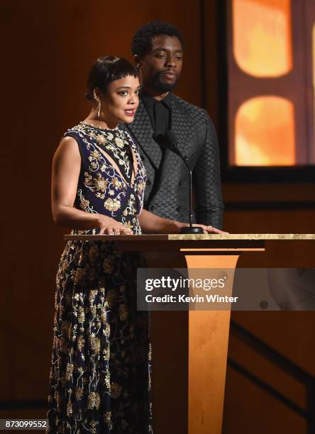 Tessa Thompson and Chadwick Boseman speak onstage at the Academy of Motion Picture Arts and Sciences' 9th Annual Governors Awards at The Ray Dolby...