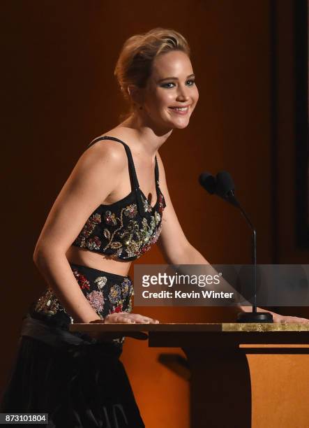 Jennifer Lawrence speaks onstage at the Academy of Motion Picture Arts and Sciences' 9th Annual Governors Awards at The Ray Dolby Ballroom at...