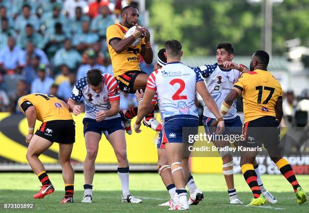 Justin Olam of Papua New Guinea takes a catch during the 2017 Rugby League World Cup match between Papua New Guinea and the United States on November...