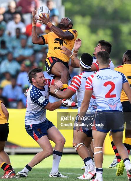 Justin Olam of Papua New Guinea takes a catch during the 2017 Rugby League World Cup match between Papua New Guinea and the United States on November...