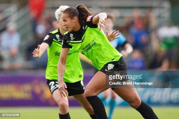 Toni Pressley of Canberra celebrates scoring a goal during the round three W-League match between Canberra United and Sydney FC at McKellar Park on...