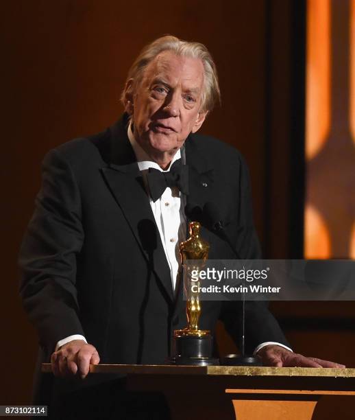 Donald Sutherland, winner of Honorary Award, speaks onstage at the Academy of Motion Picture Arts and Sciences' 9th Annual Governors Awards at The...