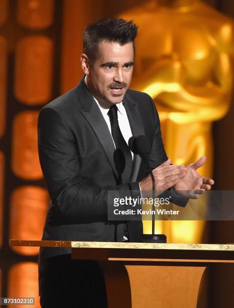 Colin Farrell speaks onstage at the Academy of Motion Picture Arts and Sciences' 9th Annual Governors Awards at The Ray Dolby Ballroom at Hollywood &...