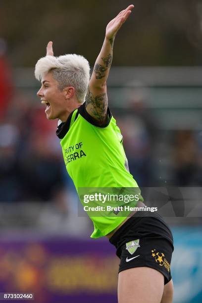 Michelle Heyman of Canberra celebrates scoring a goal during the round three W-League match between Canberra United and Sydney FC at McKellar Park on...