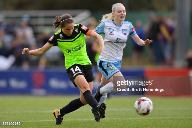 Ashleigh Sykes of Canberra shoots for goal during the round three W-League match between Canberra United and Sydney FC at McKellar Park on November...