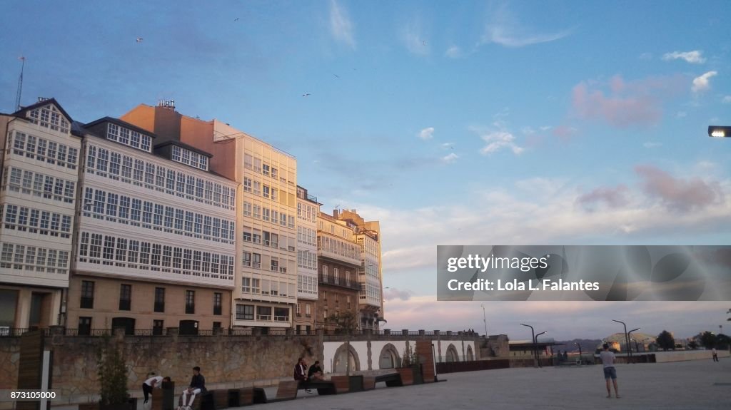 A Coruña cityscape at sunset