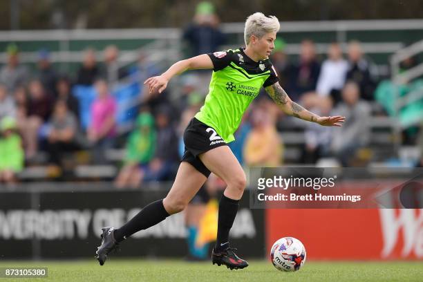 Michelle Heyman of Canberra runs the ball during the round three W-League match between Canberra United and Sydney FC at McKellar Park on November...