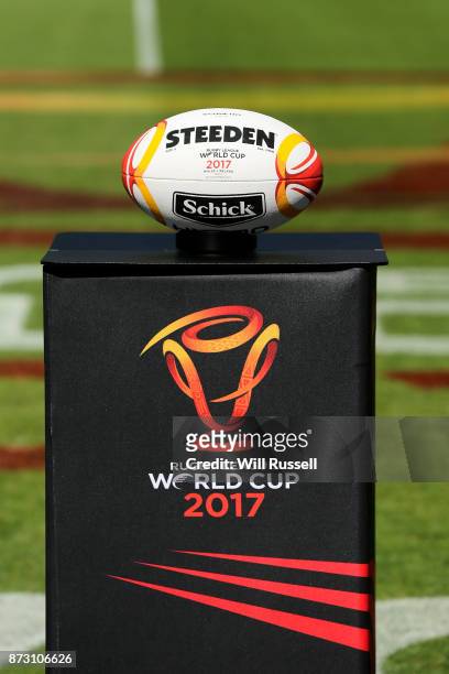 The match ball can be seen during the 2017 Rugby League World Cup match between Wales and Ireland at nib Stadium on November 12, 2017 in Perth,...