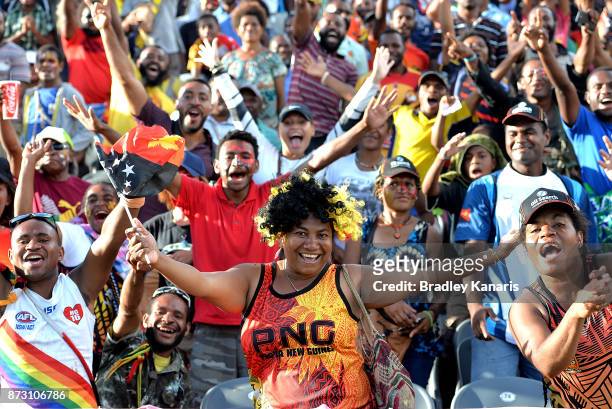 Papua New Guinean fans show their support during the 2017 Rugby League World Cup match between Papua New Guinea and the United States on November 12,...