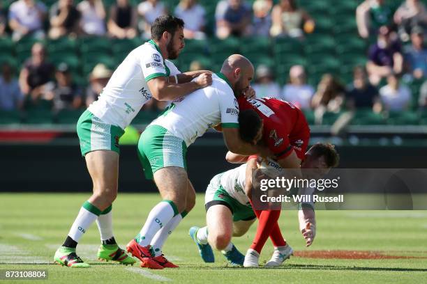 Elliot Kear of Wales is tackled during the 2017 Rugby League World Cup match between Wales and Ireland at nib Stadium on November 12, 2017 in Perth,...