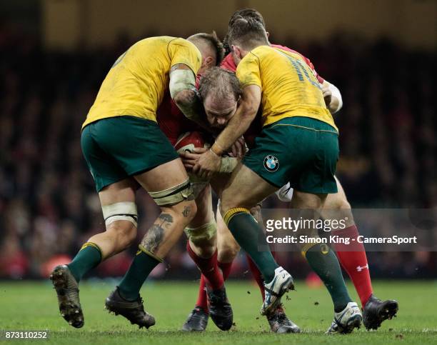 Wales' Alun Wyn Jones under pressure from Australia's Sean McMahon during the 2017 Under Armour Series match between Wales and Australia at...