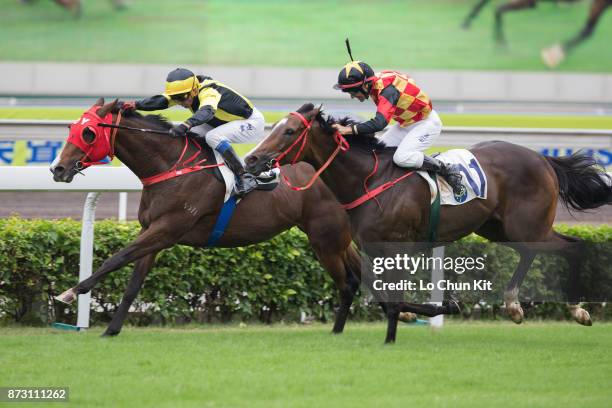 Jockey Douglas Whyte riding Roman Impero wins Race 4 Panasonic Nanoe Hair Dryer Handicap at Sha Tin racecourse on November 11, 2017 in Hong Kong,...