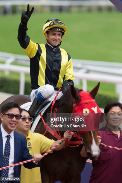 Jockey Douglas Whyte riding Roman Impero wins Race 4 Panasonic Nanoe Hair Dryer Handicap at Sha Tin racecourse on November 11, 2017 in Hong Kong,...