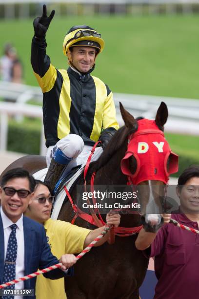 Jockey Douglas Whyte riding Roman Impero wins Race 4 Panasonic Nanoe Hair Dryer Handicap at Sha Tin racecourse on November 11, 2017 in Hong Kong,...