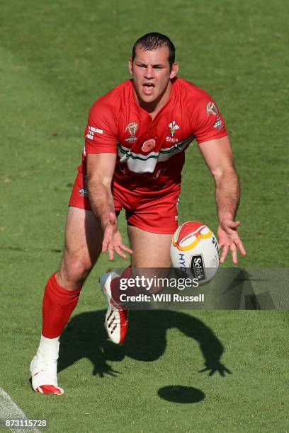 Steve Parry of Wales passes the ball during the 2017 Rugby League World Cup match between Wales and Ireland at nib Stadium on November 12, 2017 in...