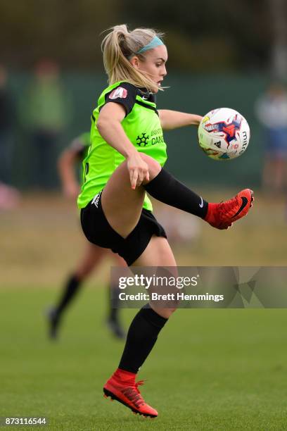 Ellie Carpenter of Canberra controls the ball during the round three W-League match between Canberra United and Sydney FC at McKellar Park on...